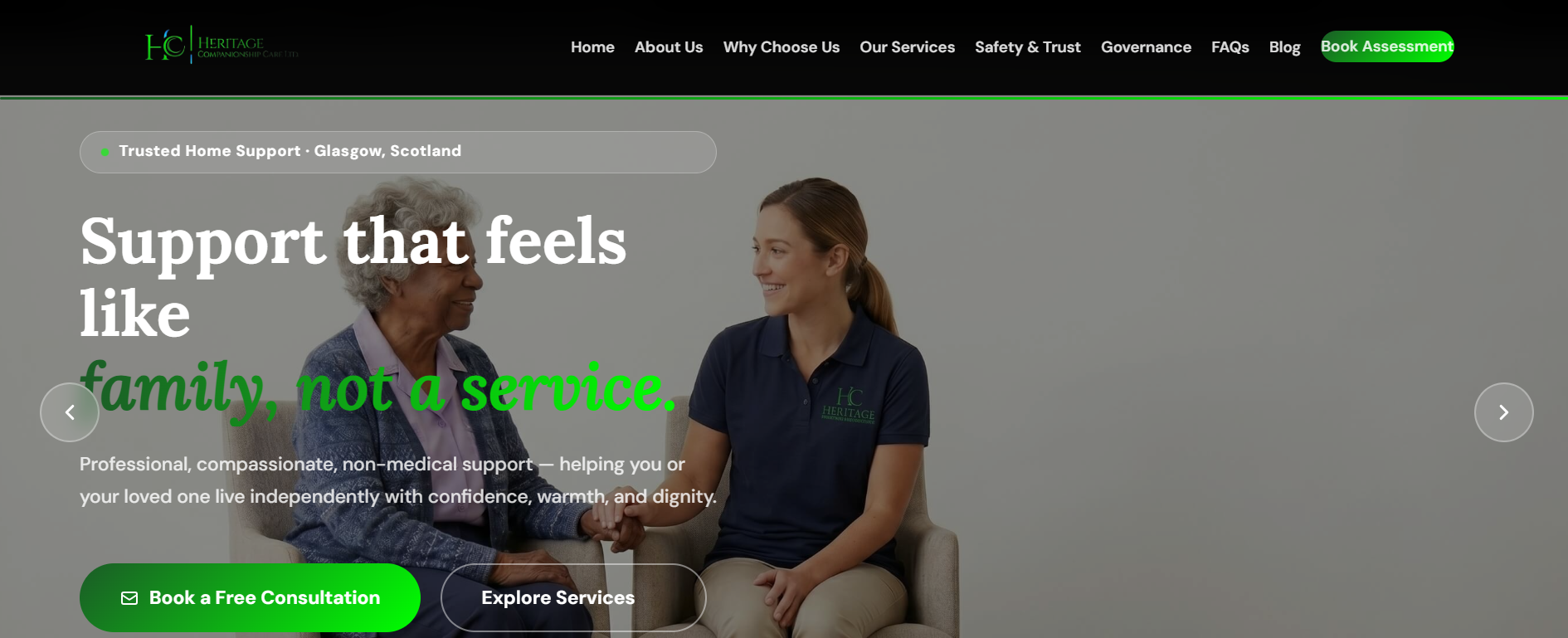 Heritage Companionship homepage screenshot